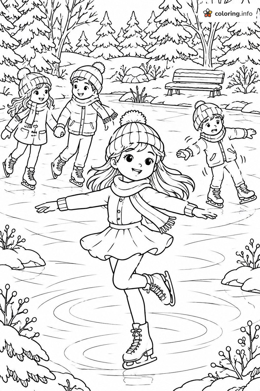 Skating Friends on a Frozen Winter Pond coloring page Skating Friends on a Frozen Winter Pond coloring page