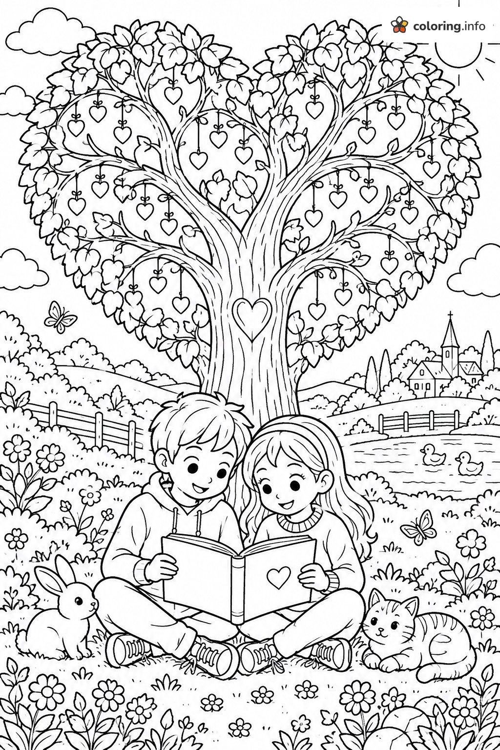 Storytime Under a Heart-Shaped Tree coloring page Storytime Under a Heart-Shaped Tree coloring page