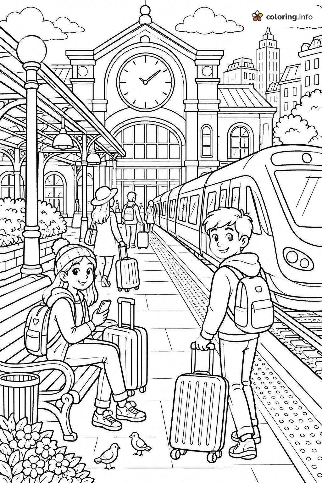 Kids With Luggage at a City Train Station coloring page Kids With Luggage at a City Train Station coloring page