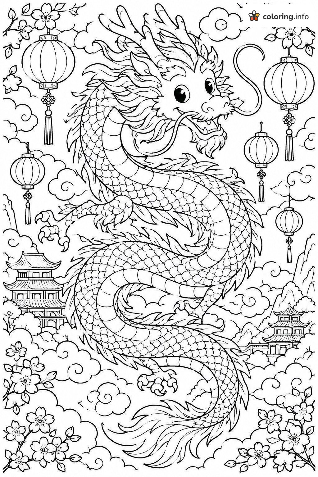 Chinese Dragon Among Lanterns and Cherry Blossoms coloring page Chinese Dragon Among Lanterns and Cherry Blossoms coloring page