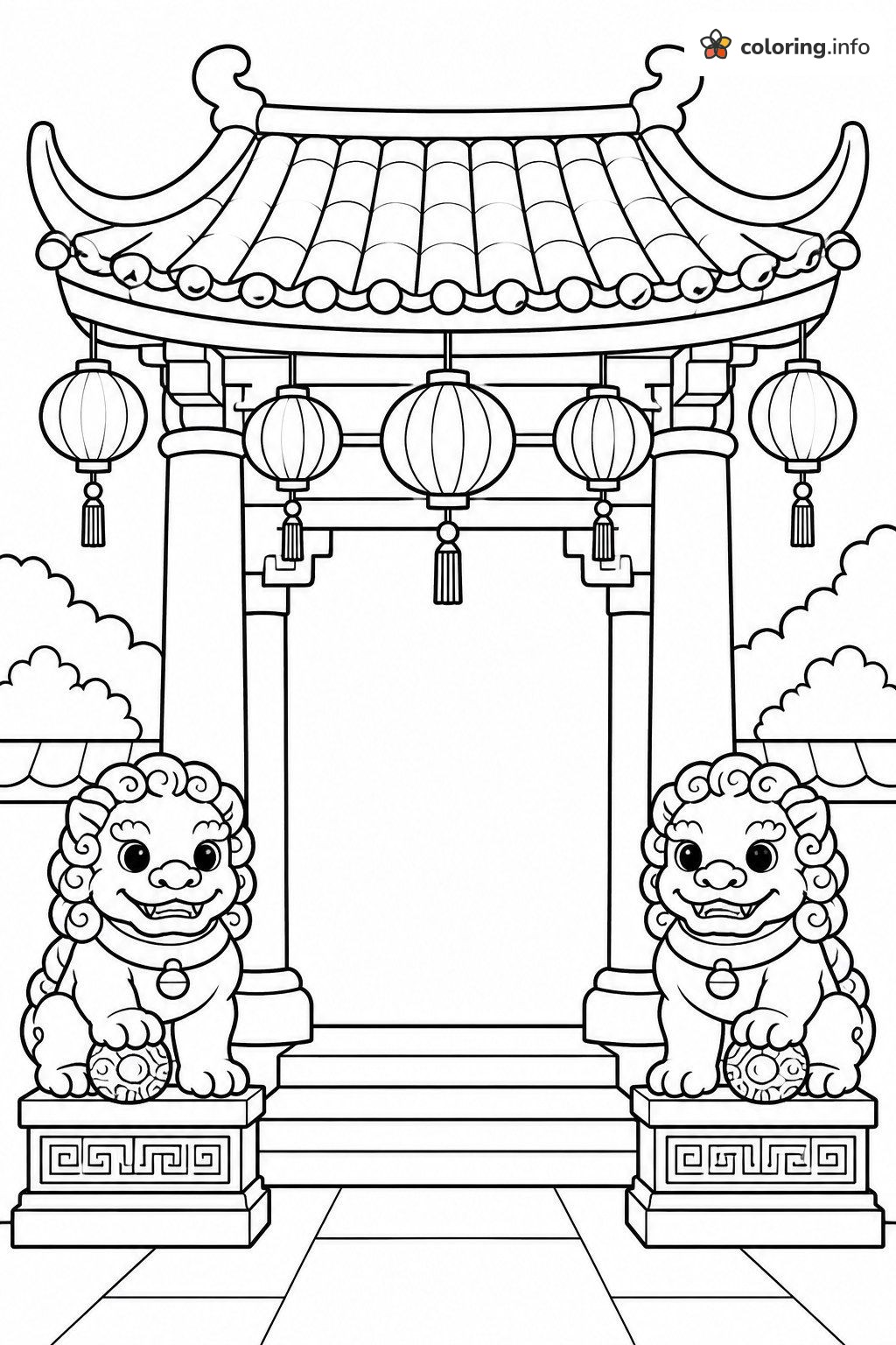 Guardian Lions at the Gate, Chinese New Year Scene coloring page Guardian Lions at the Gate, Chinese New Year Scene coloring page