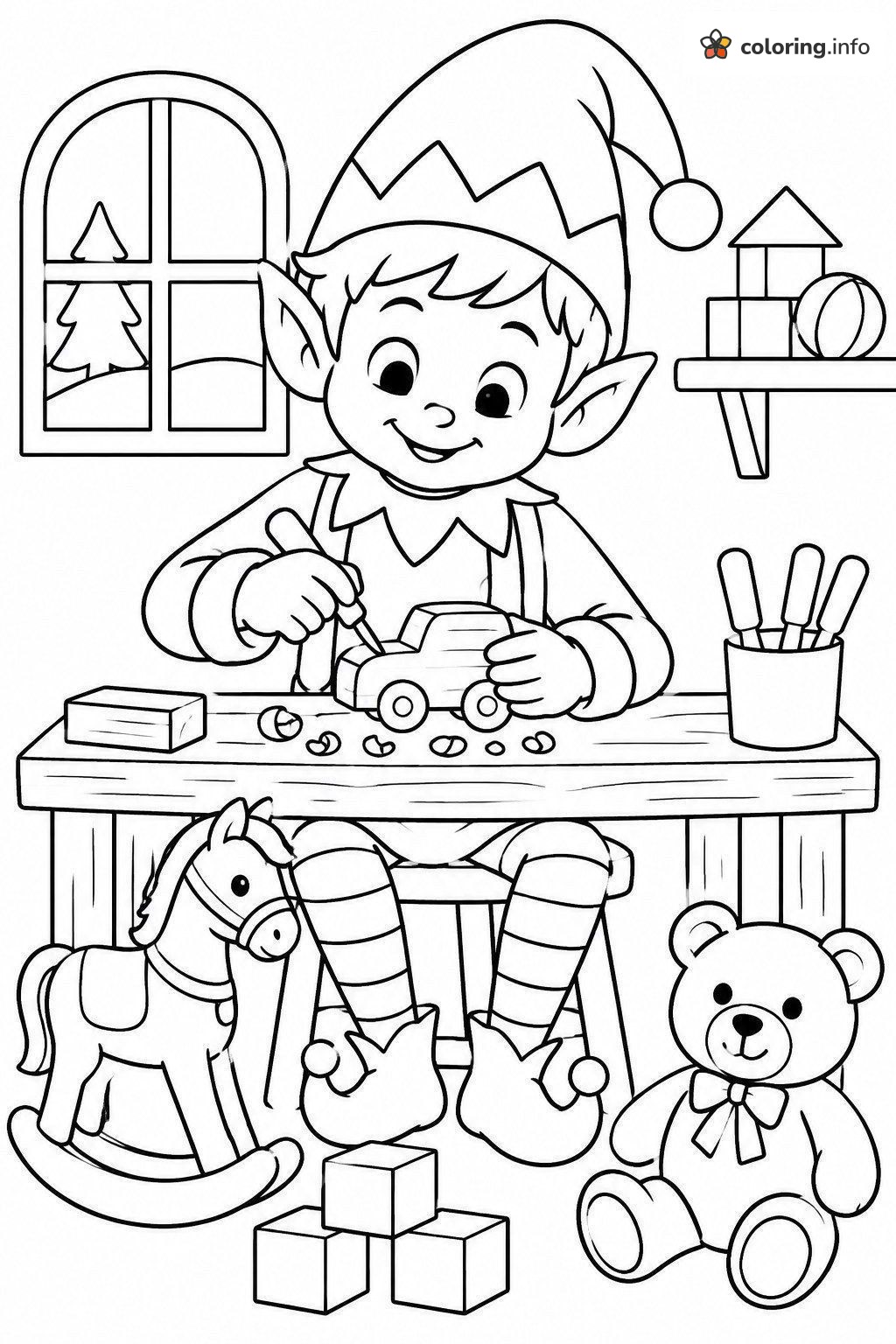 Elf Carving a Toy Car in a Christmas Workshop coloring page Elf Carving a Toy Car in a Christmas Workshop coloring page