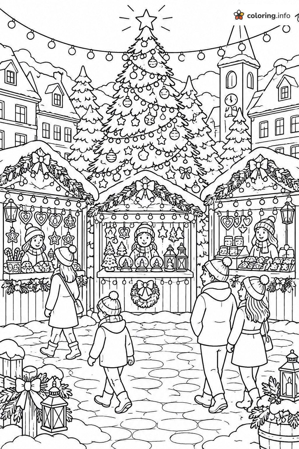 Market Stalls Under Christmas Lights and a Big Tree coloring page Market Stalls Under Christmas Lights and a Big Tree coloring page