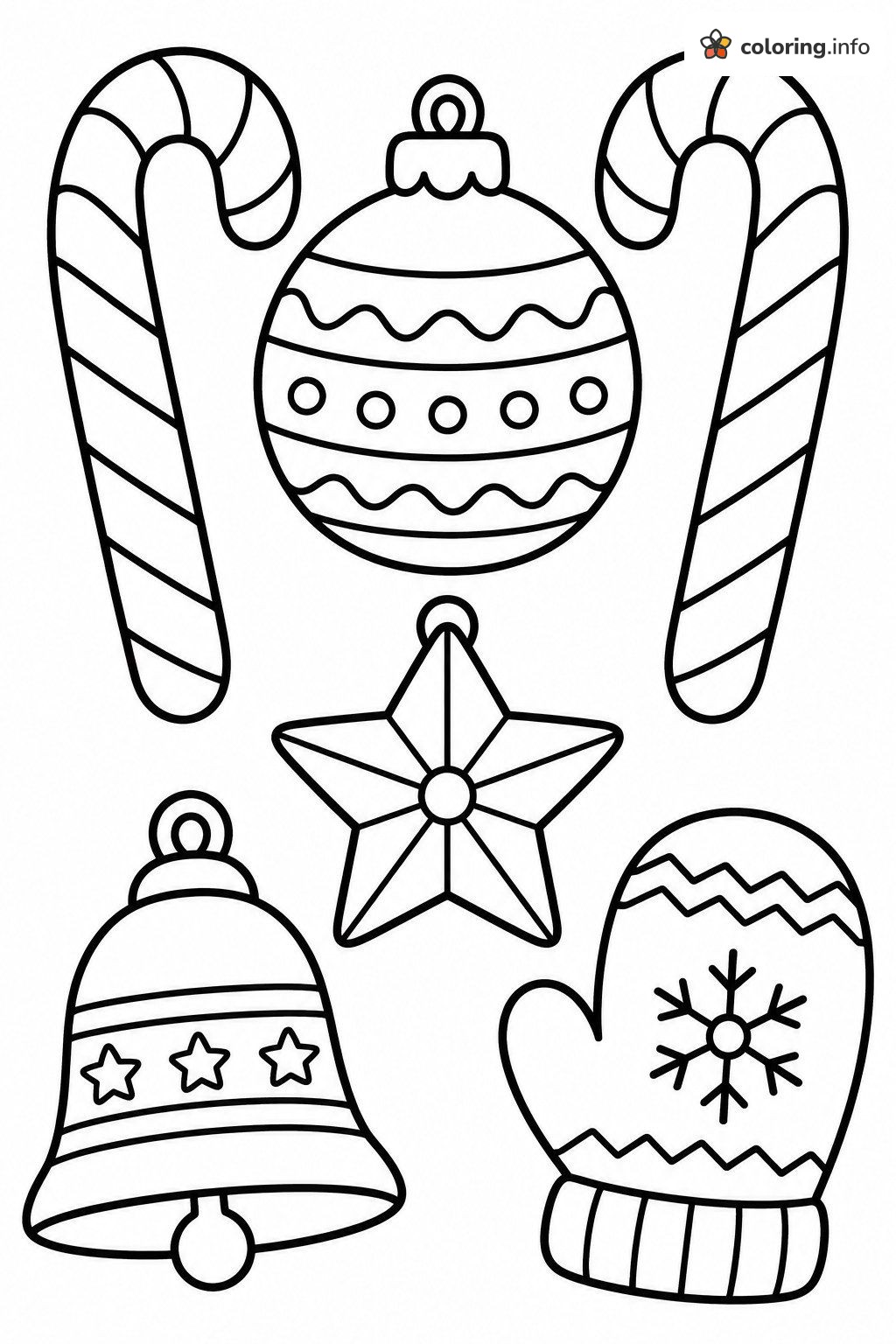 Candy Canes, Bell, Star and Mitten Ornaments, Christmas for Kids Page coloring page Candy Canes, Bell, Star and Mitten Ornaments, Christmas for Kids Page coloring page