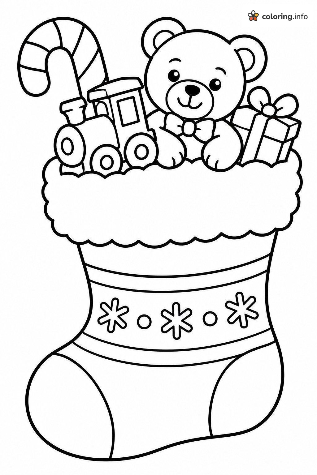 Overflowing Christmas Stocking with Teddy and Toys printable coloring page Overflowing Christmas Stocking with Teddy and Toys printable coloring page
