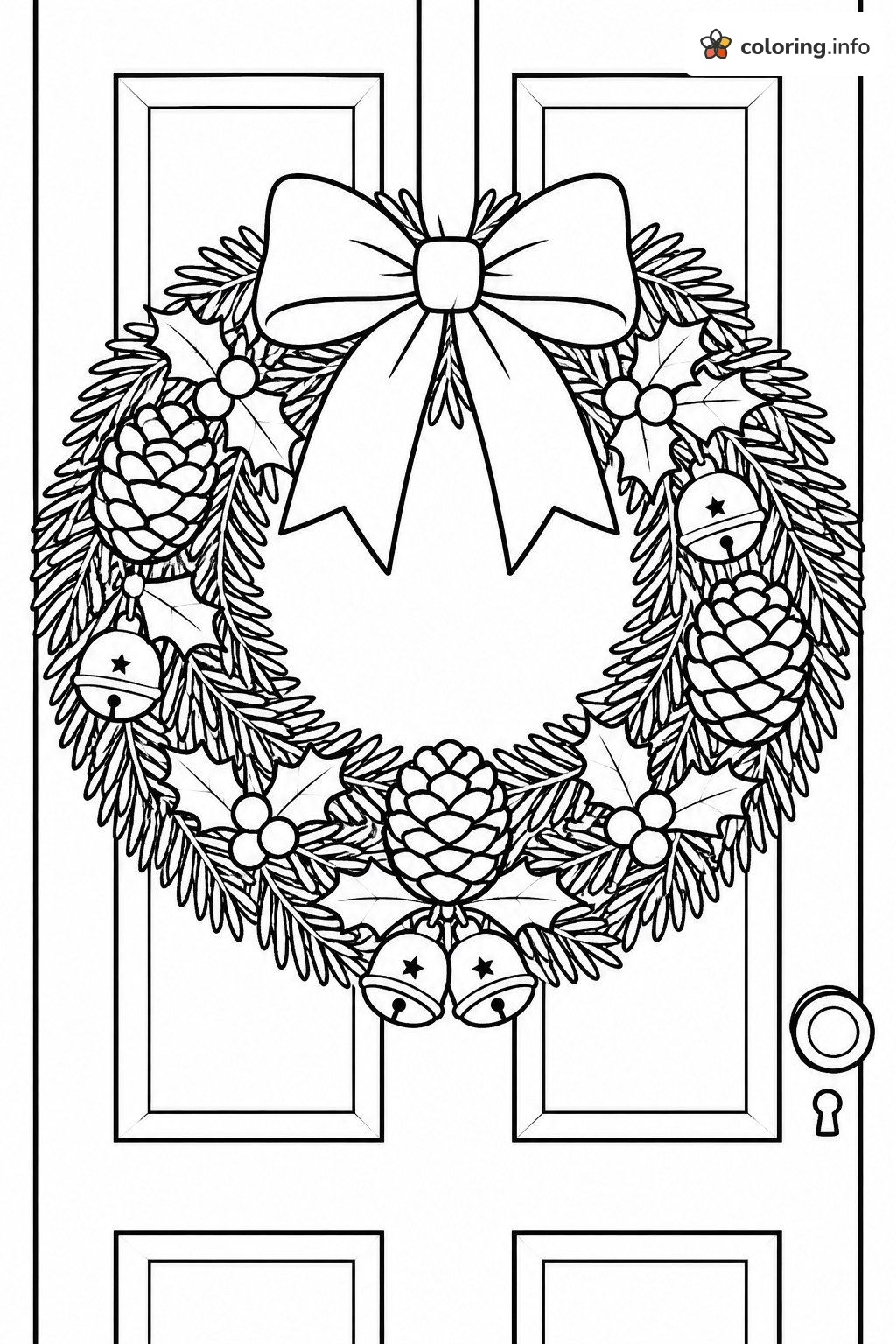 Door Wreath With Bow and Jingle Bells, Christmas for Kids Coloring Sheet Door Wreath With Bow and Jingle Bells, Christmas for Kids Coloring Sheet
