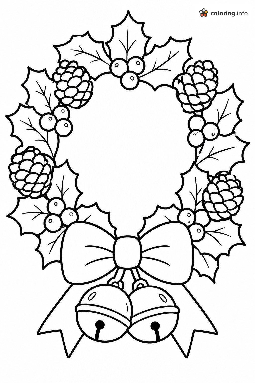 Holly Wreath with Pine Cones and Bells for Christmas coloring page Holly Wreath with Pine Cones and Bells for Christmas coloring page