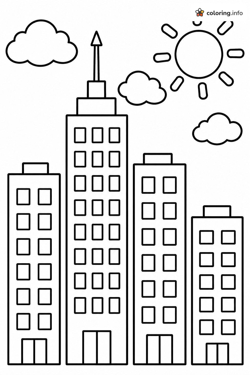 Four City Skyscrapers Beneath a Smiling Sun coloring sheet Four City Skyscrapers Beneath a Smiling Sun coloring sheet
