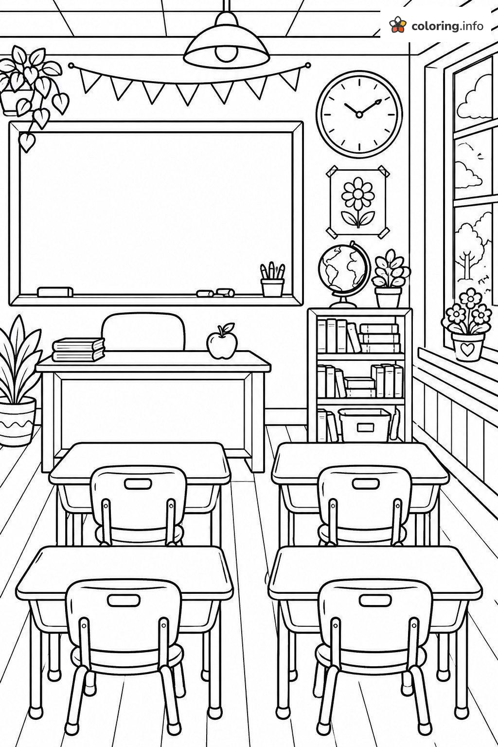 Cozy Classroom with Globe and Bookshelf, Back to School Scene coloring page Cozy Classroom with Globe and Bookshelf, Back to School Scene coloring page