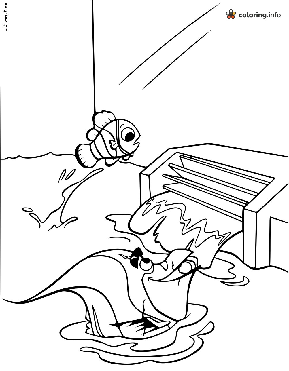 Finding Nemo Clownfish Hanging From a Line Over Splashing Water coloring page Finding Nemo Clownfish Hanging From a Line Over Splashing Water coloring page