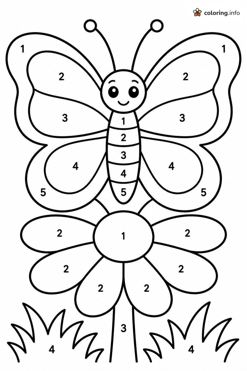 Butterfly Over a Big Flower Color by Number coloring page Butterfly Over a Big Flower Color by Number coloring page