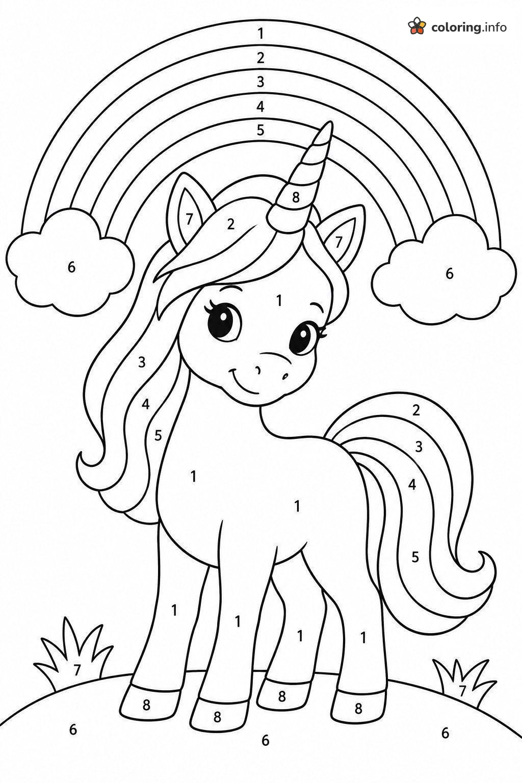 Unicorn Under a Rainbow Color by Number coloring page Unicorn Under a Rainbow Color by Number coloring page