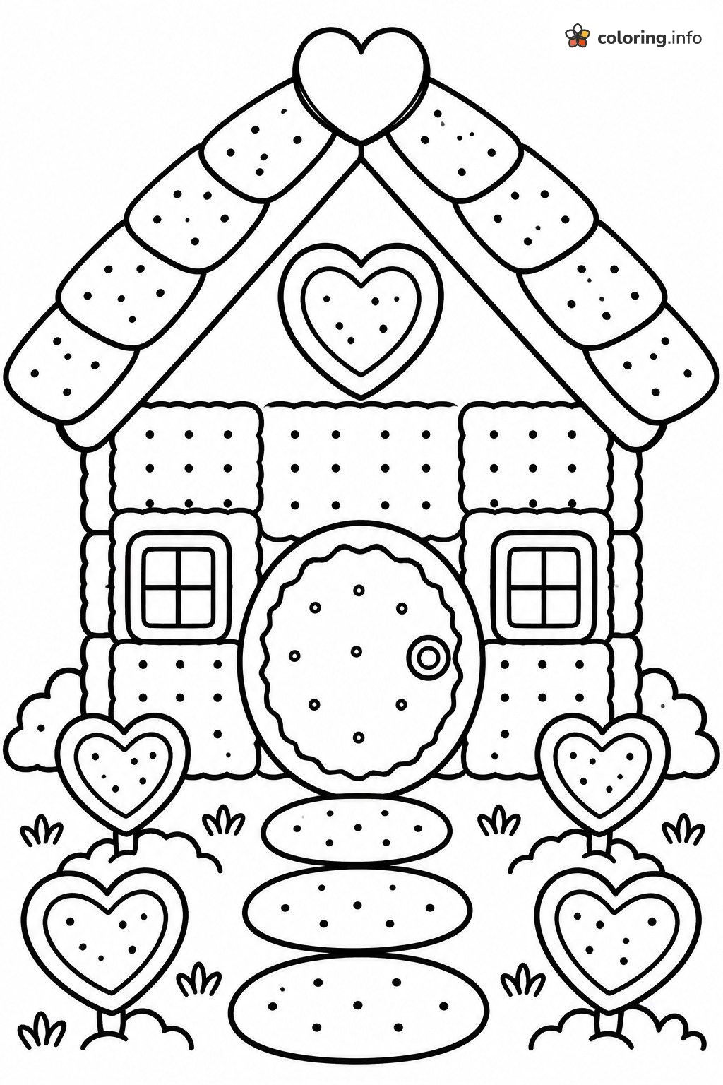 Heart-Topped Cookie Gingerbread House with a Round Door coloring page Heart-Topped Cookie Gingerbread House with a Round Door coloring page