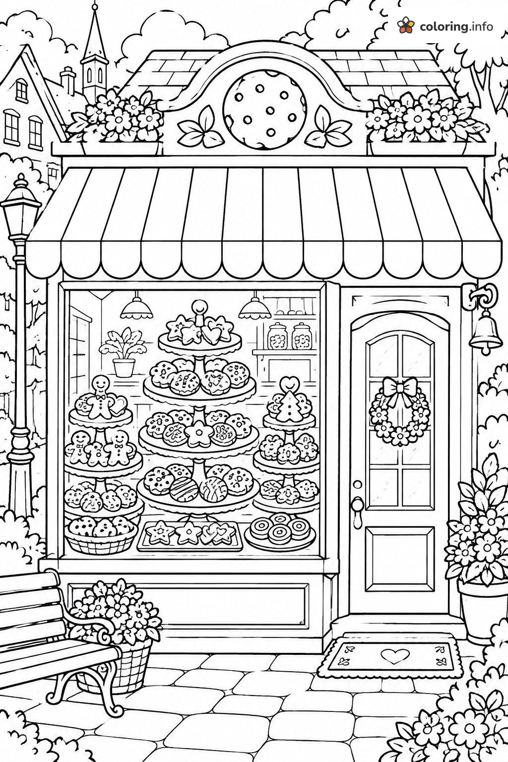 Cookie Shop Window and Striped Awning printable coloring page Cookie Shop Window and Striped Awning printable coloring page