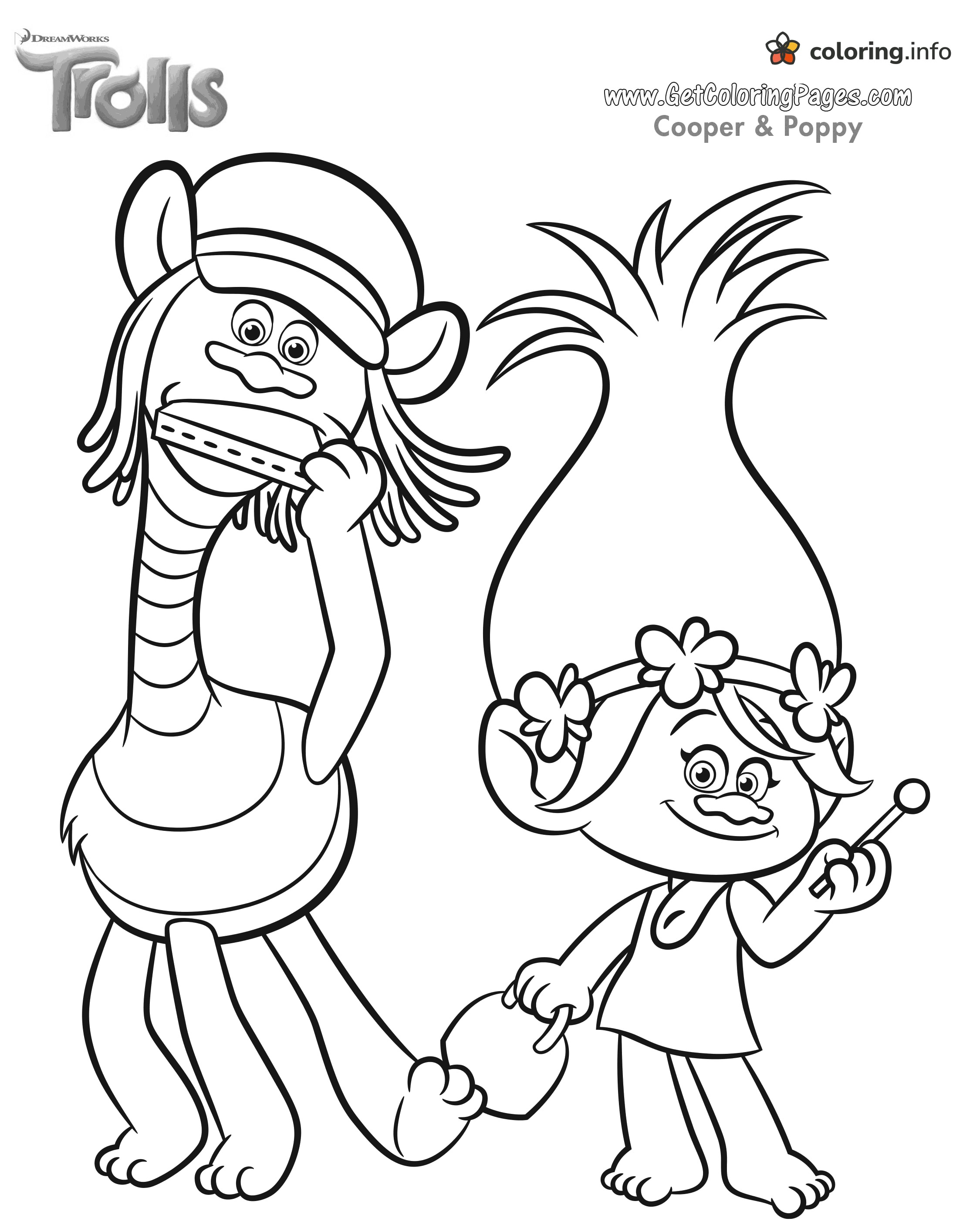 Cooper and Poppy With Harmonica and Wand: Trolls World Tour coloring page Cooper and Poppy With Harmonica and Wand: Trolls World Tour coloring page