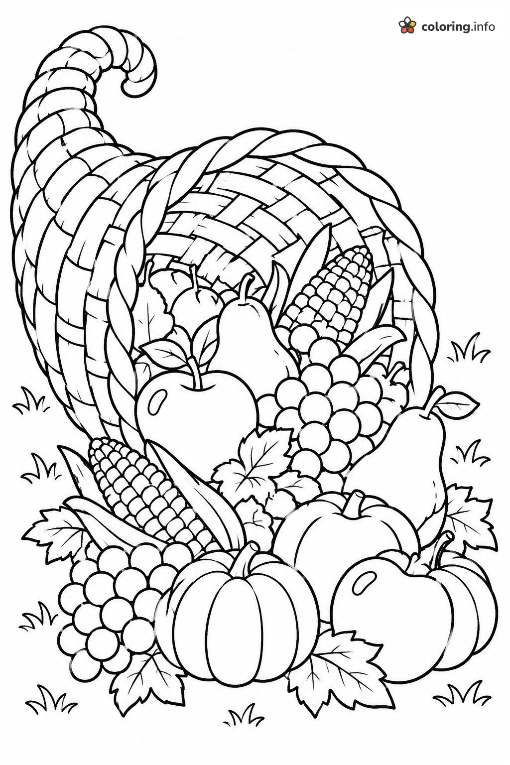 Overflowing Cornucopia for Thanksgiving with Fruit, Corn and Pumpkins coloring page Overflowing Cornucopia for Thanksgiving with Fruit, Corn and Pumpkins coloring page