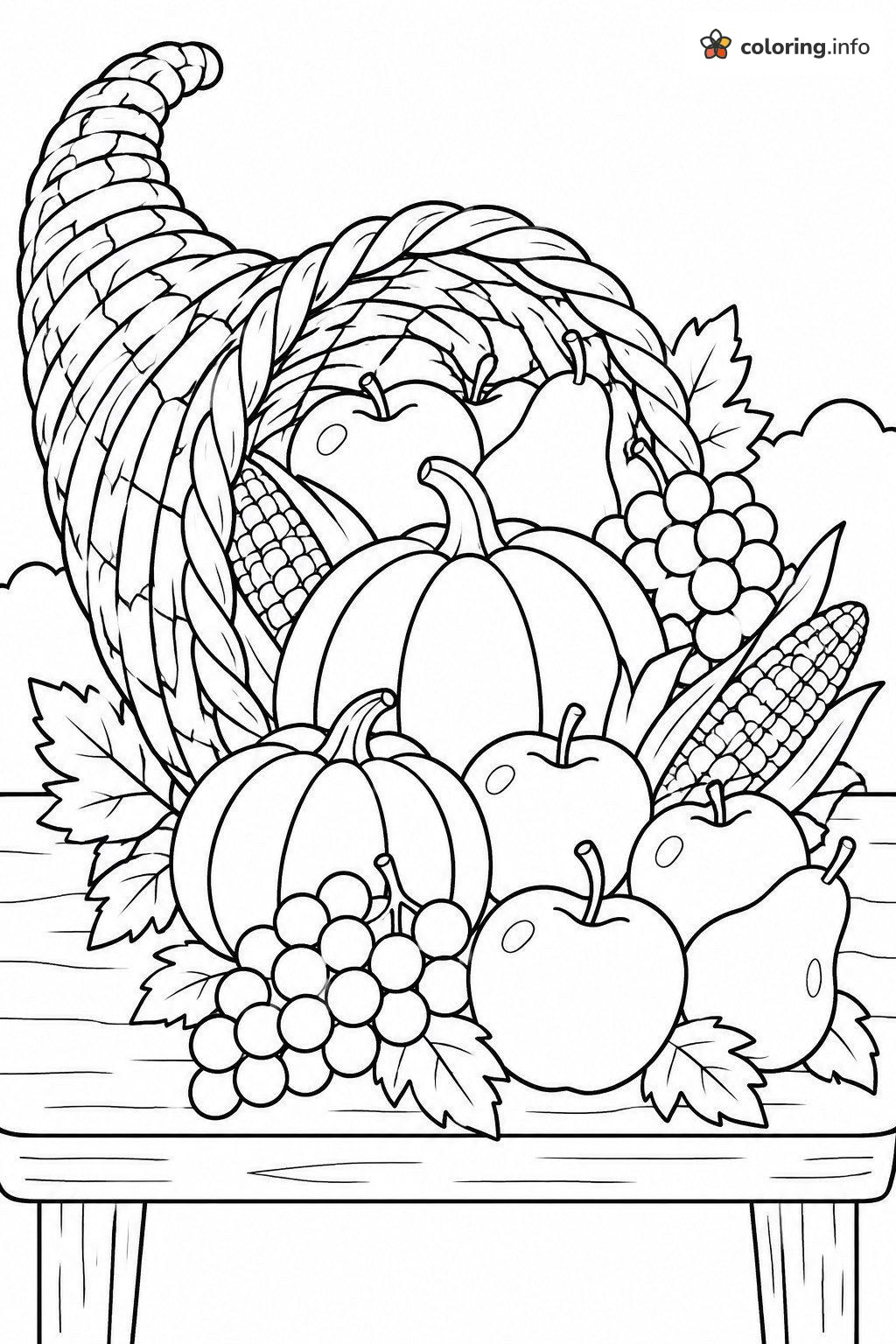 Overflowing Cornucopia Thanksgiving Page With Pumpkins and Pears printable coloring page Overflowing Cornucopia Thanksgiving Page With Pumpkins and Pears printable coloring page