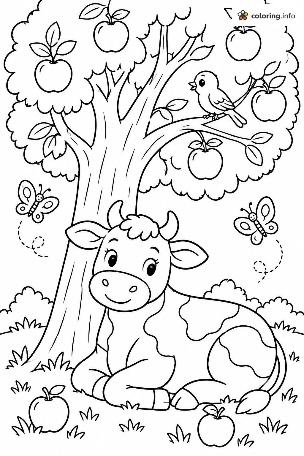 Cow Napping Under an Apple Tree with a Bird and Butterflies coloring page Cow Napping Under an Apple Tree with a Bird and Butterflies coloring page