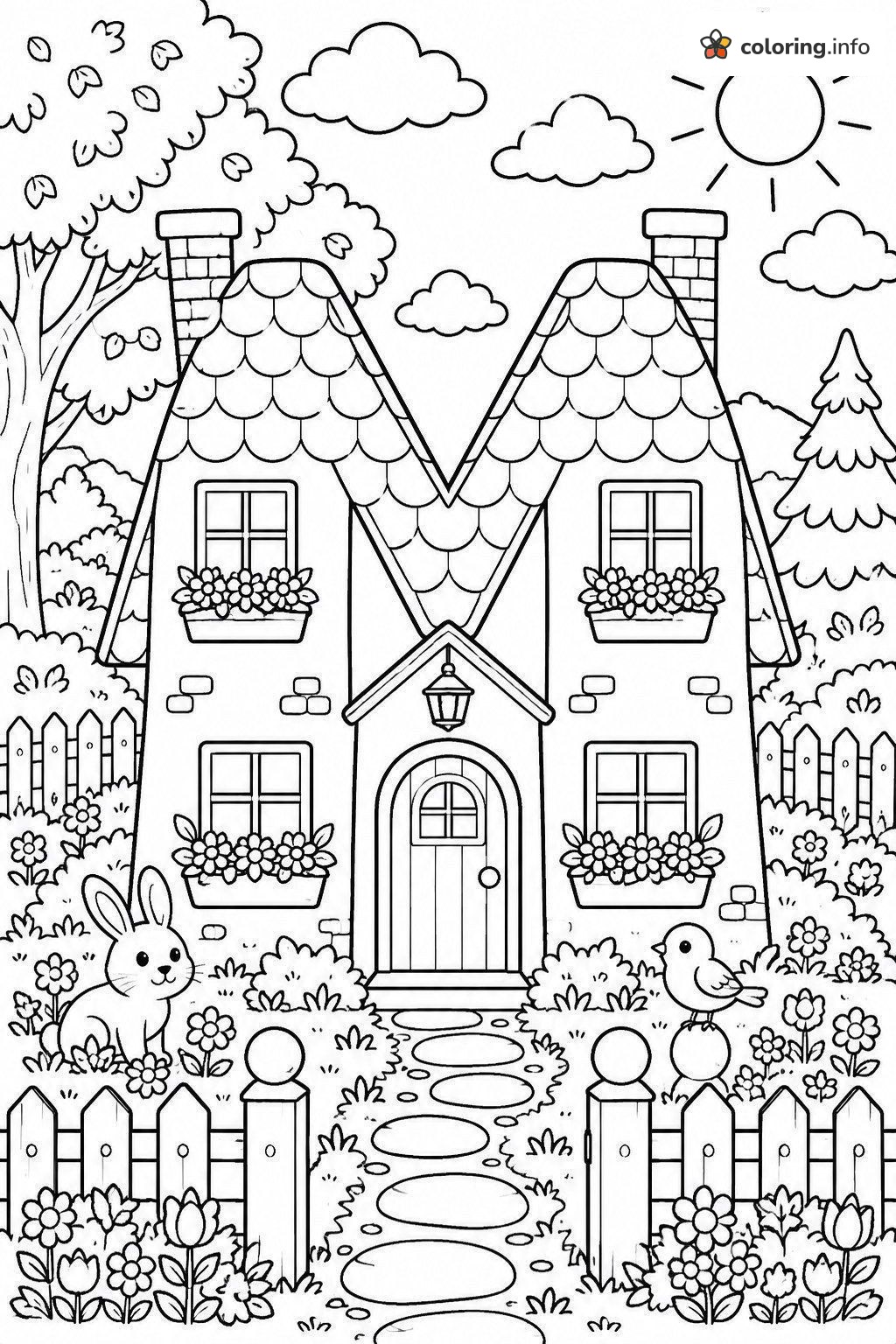 Storybook Cottage with Flower Boxes, Bunny and Bird coloring page Storybook Cottage with Flower Boxes, Bunny and Bird coloring page