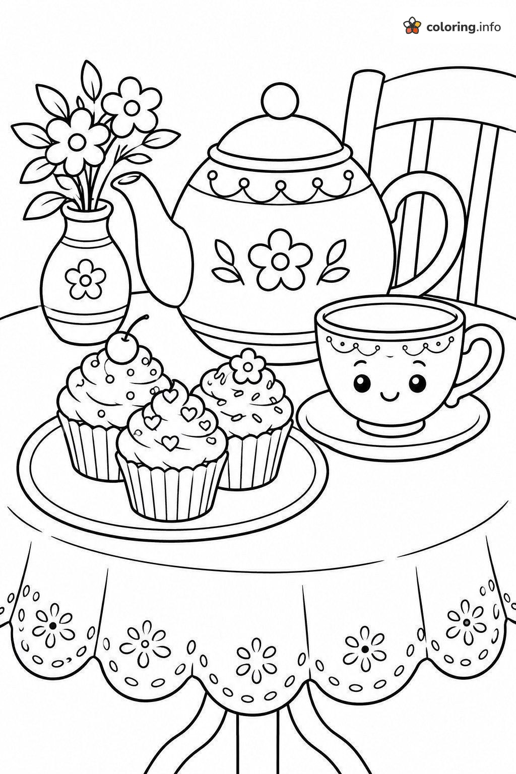 Tea Party Table Adult Coloring Page with Cupcakes coloring page Tea Party Table Adult Coloring Page with Cupcakes coloring page