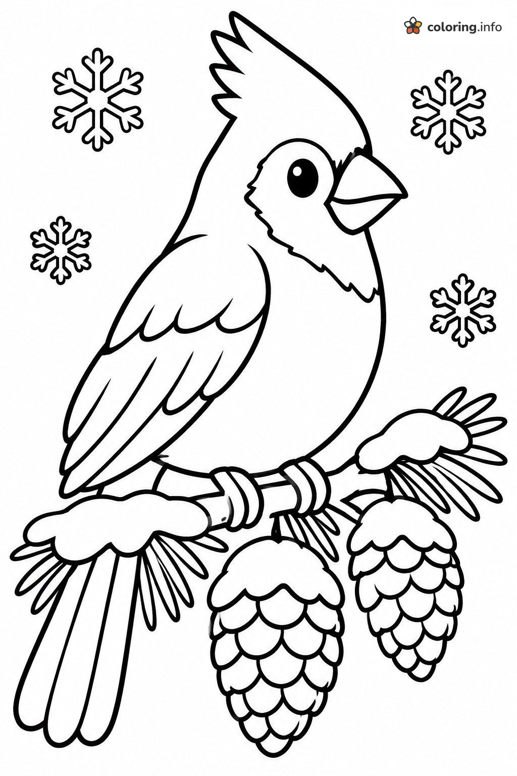Crested Bird on a Winter Pine Branch coloring sheet Crested Bird on a Winter Pine Branch coloring sheet
