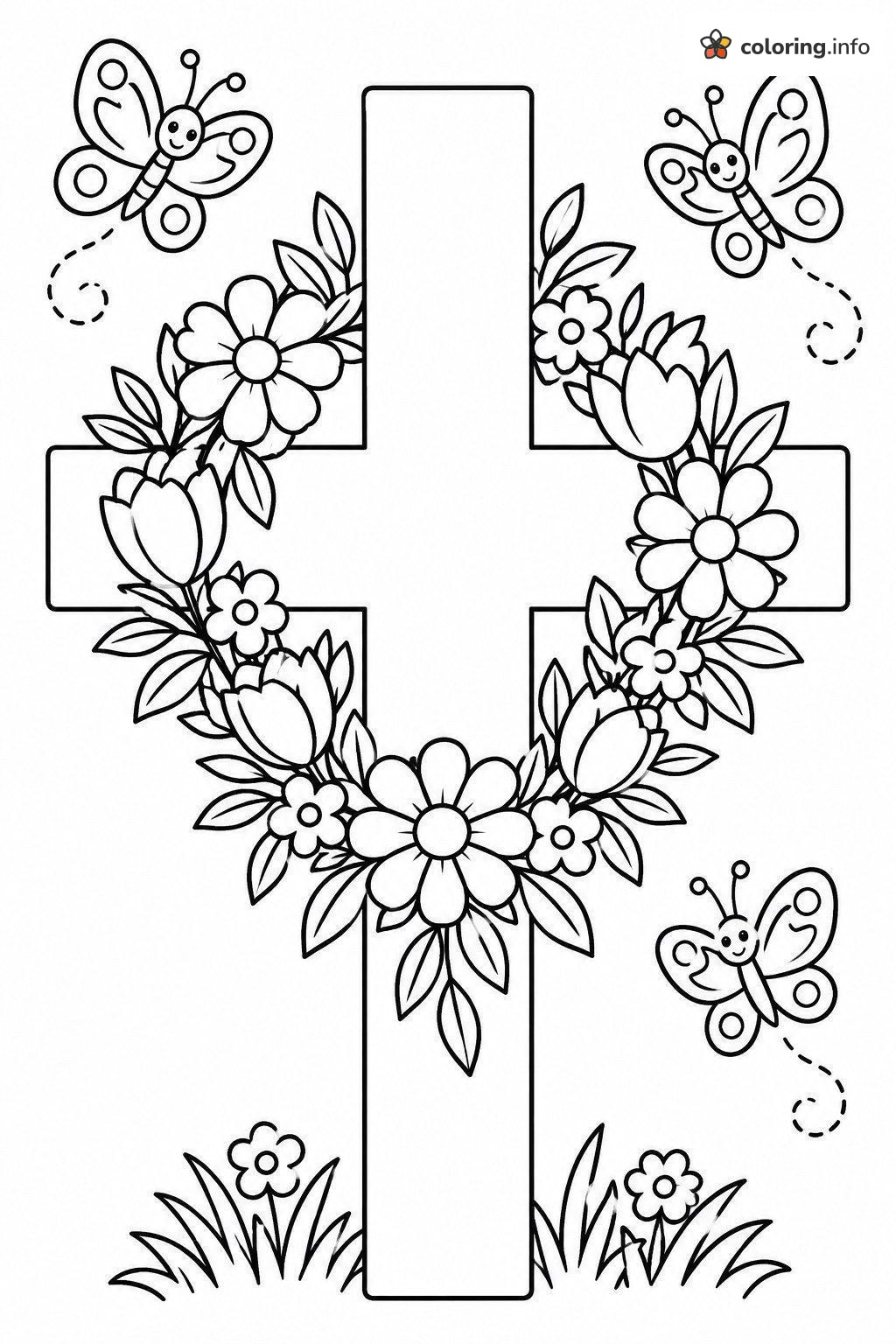 Flower Wreath Cross and Butterflies, Good Friday Page coloring page Flower Wreath Cross and Butterflies, Good Friday Page coloring page