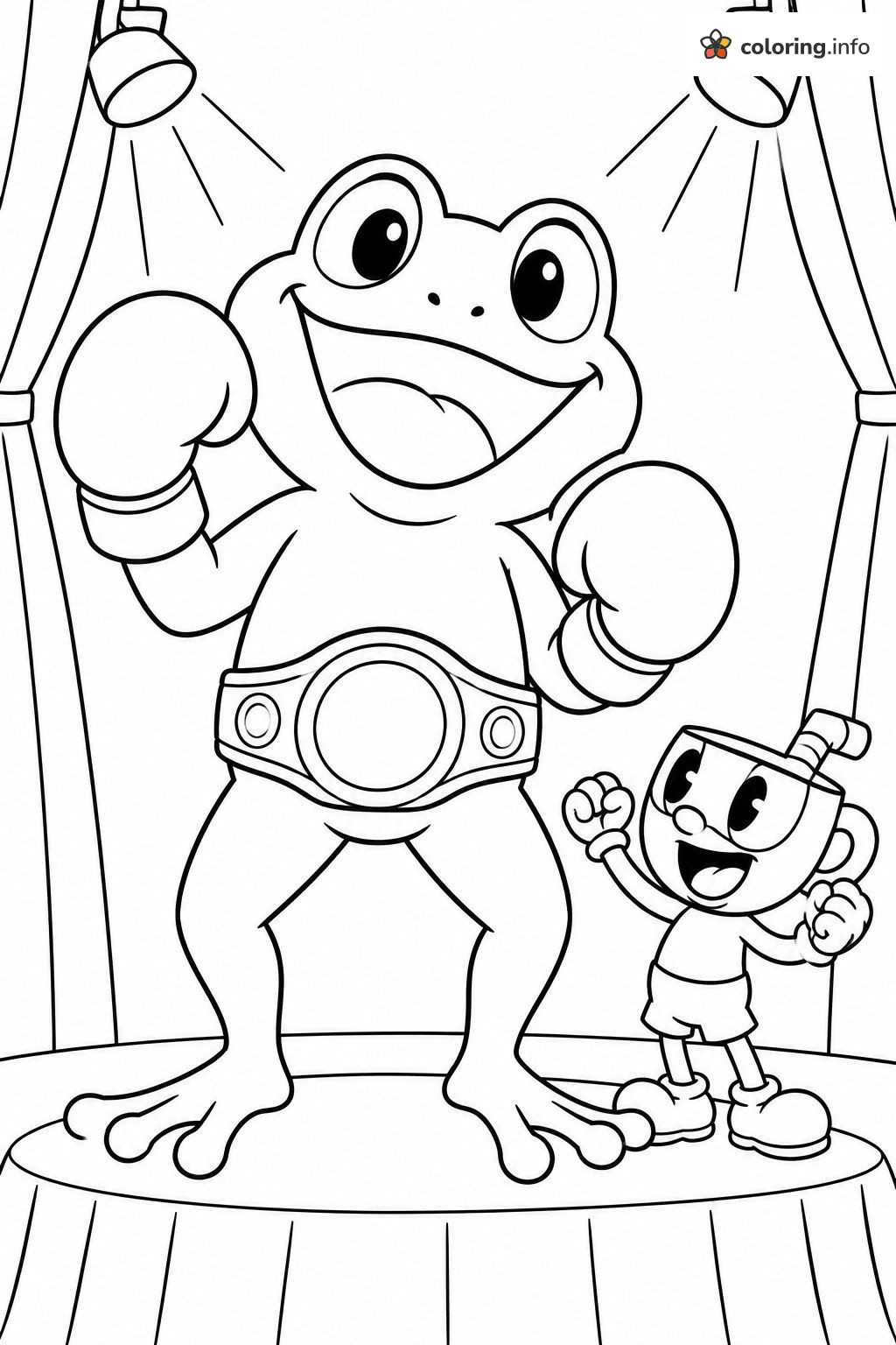 Cuphead Celebrating Next to a Giant Boxing Frog coloring page Cuphead Celebrating Next to a Giant Boxing Frog coloring page