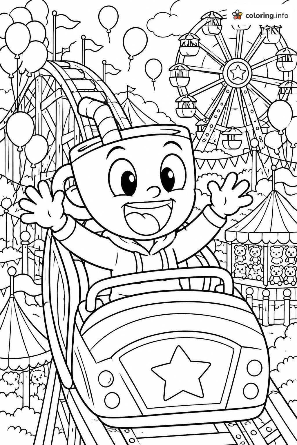 Roller Coaster Ride for Cuphead at the Amusement Park coloring page Roller Coaster Ride for Cuphead at the Amusement Park coloring page