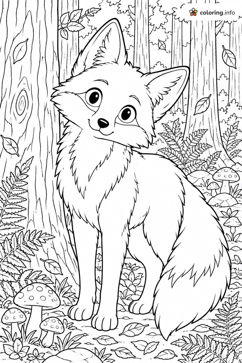 Curious Little Fox in the Woods With Mushrooms coloring sheet Curious Little Fox in the Woods With Mushrooms coloring sheet