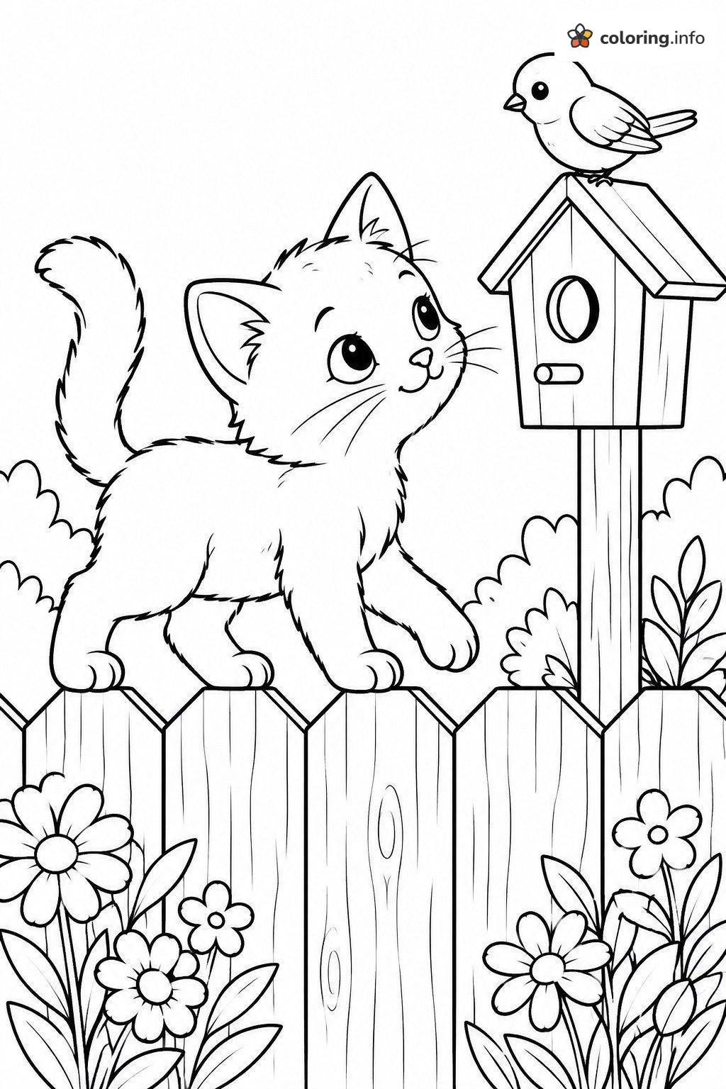 Curious Kitten Eyeing a Bird on a Birdhouse printable coloring page Curious Kitten Eyeing a Bird on a Birdhouse printable coloring page