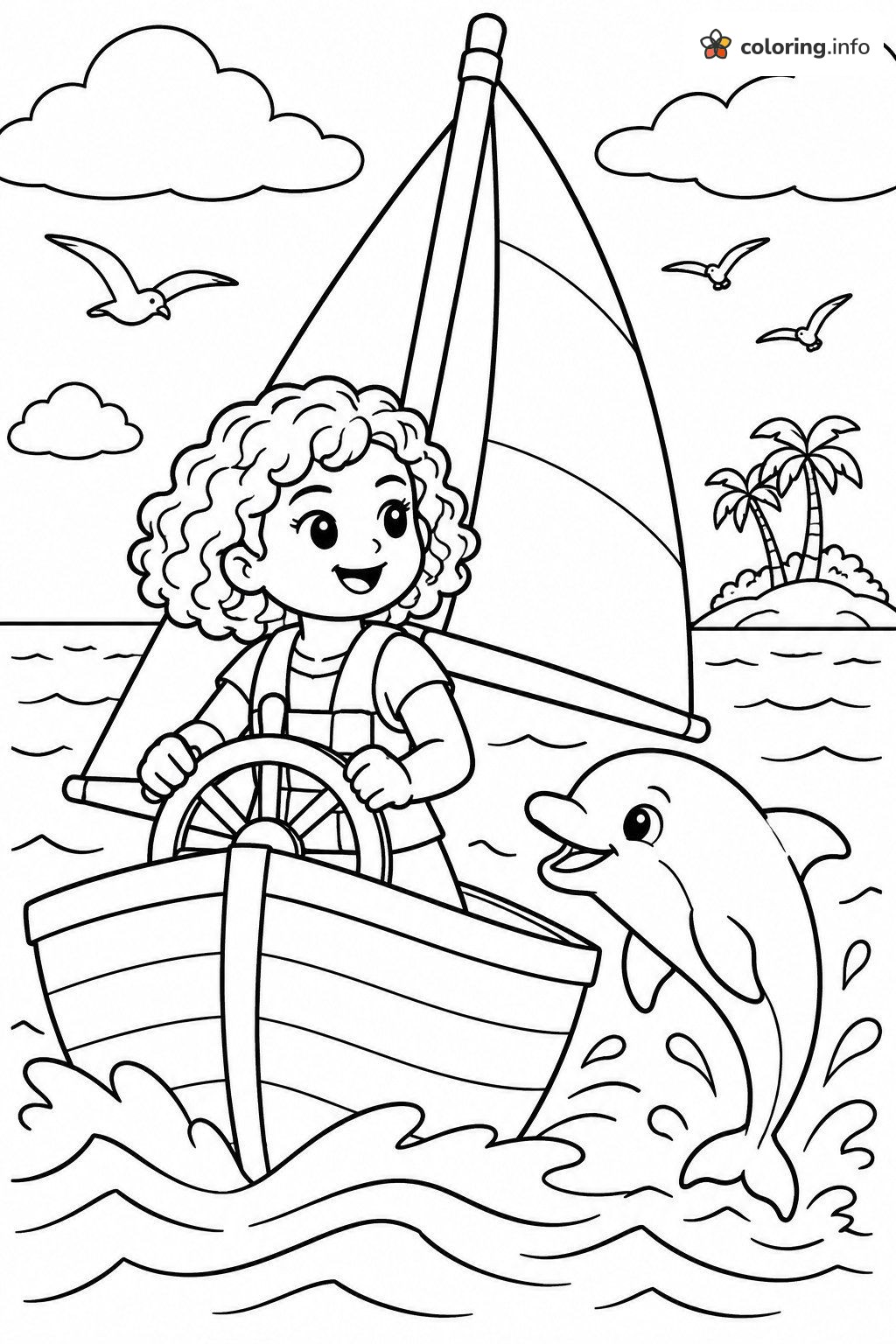 Curly-Haired Girl Sailing With a Dolphin, Lego Disney Fun printable coloring page Curly-Haired Girl Sailing With a Dolphin, Lego Disney Fun printable coloring page