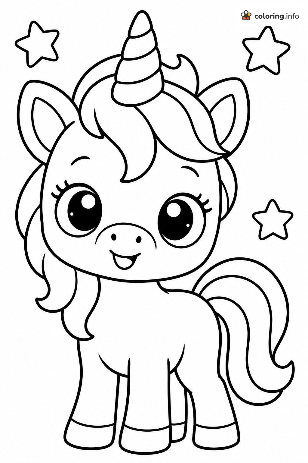 Smiling Baby Unicorn with Three Little Stars coloring sheet Smiling Baby Unicorn with Three Little Stars coloring sheet