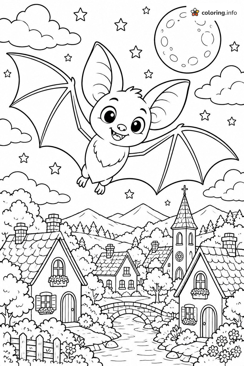 Night Sky Bat Flying Over a Cozy Village coloring page Night Sky Bat Flying Over a Cozy Village coloring page