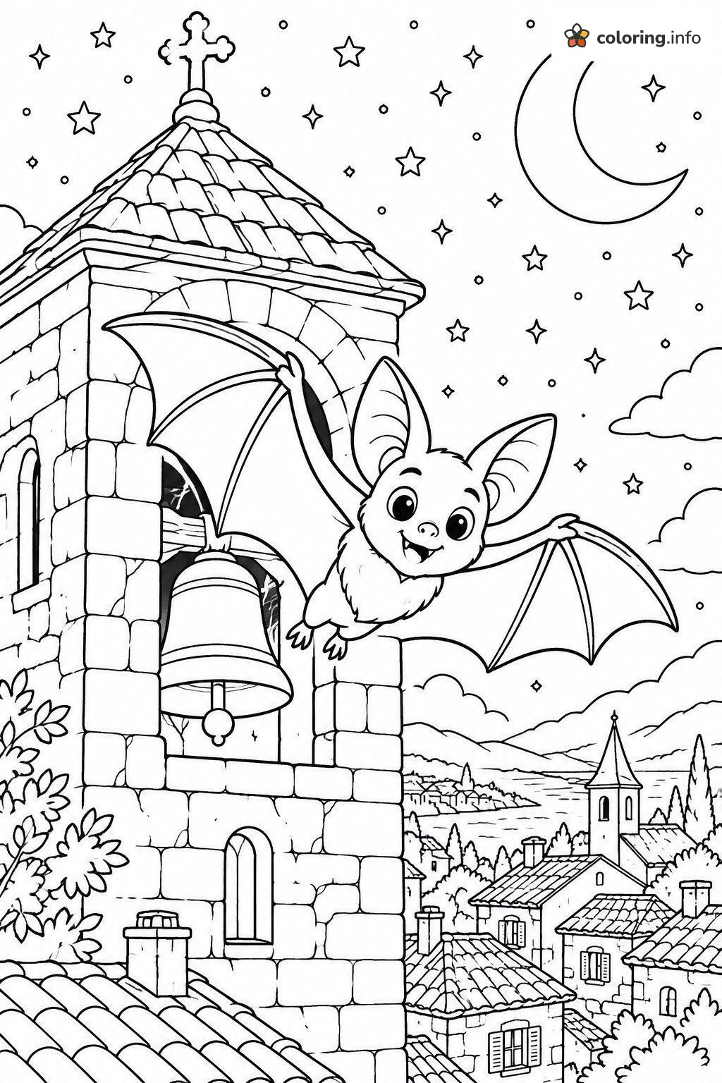 Church Bell Tower and a Swooping Bat at Night coloring page Church Bell Tower and a Swooping Bat at Night coloring page