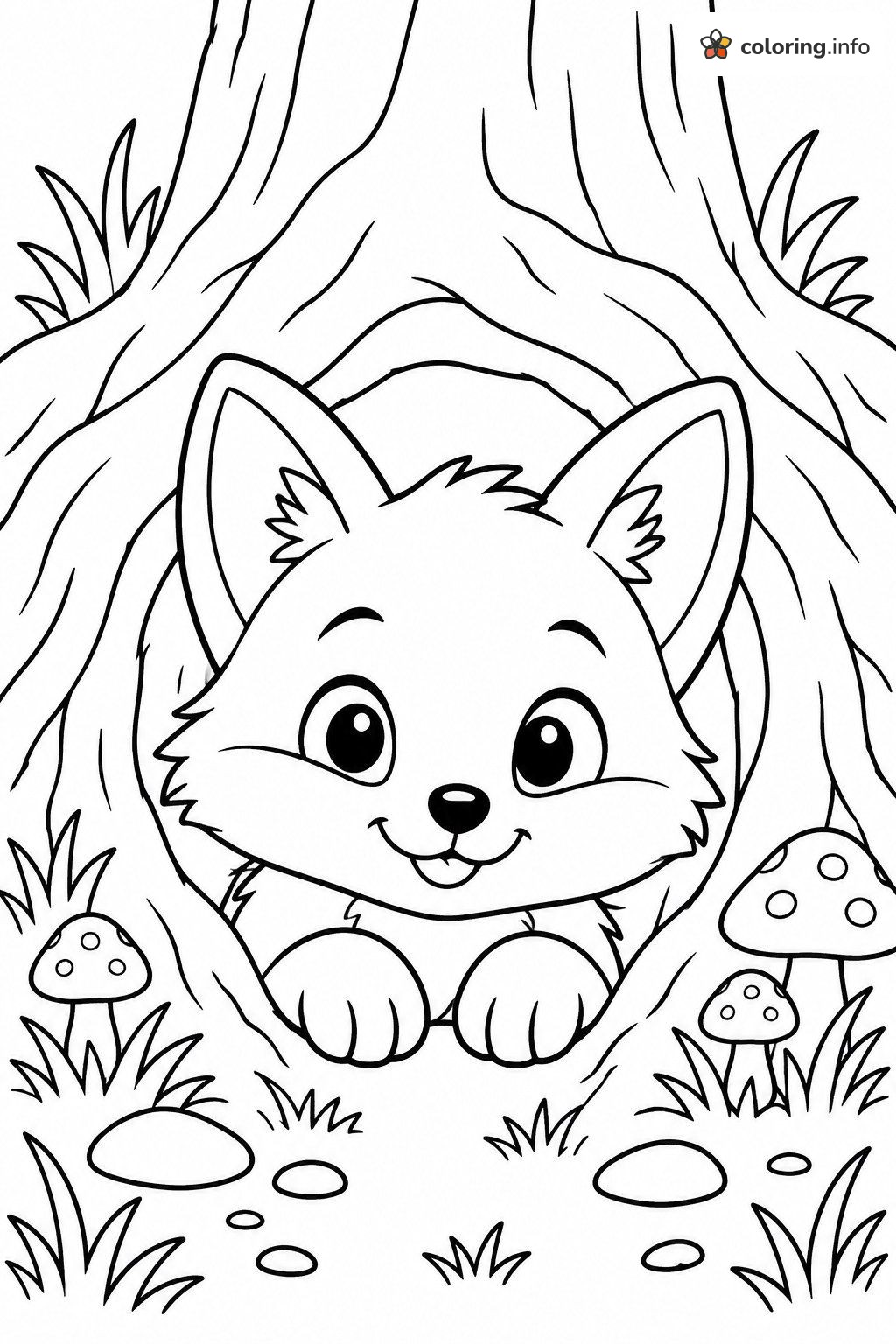Fox Cub Peeking From a Tree Hollow coloring page Fox Cub Peeking From a Tree Hollow coloring page