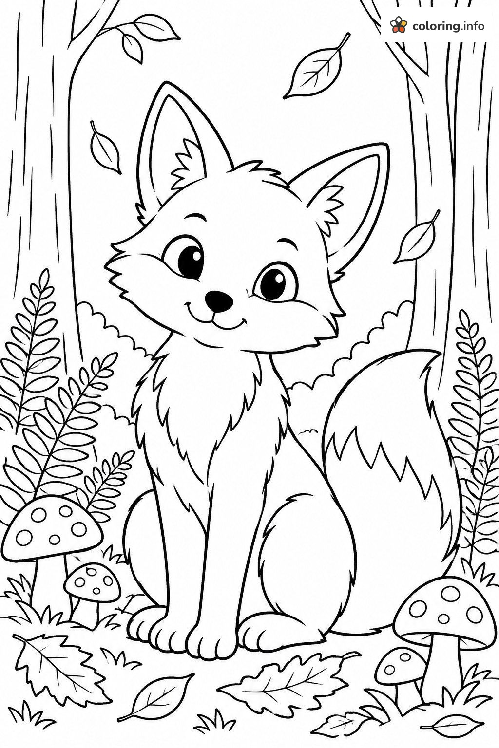 Adult Coloring Page of a Baby Fox Among Mushrooms printable coloring page Adult Coloring Page of a Baby Fox Among Mushrooms printable coloring page