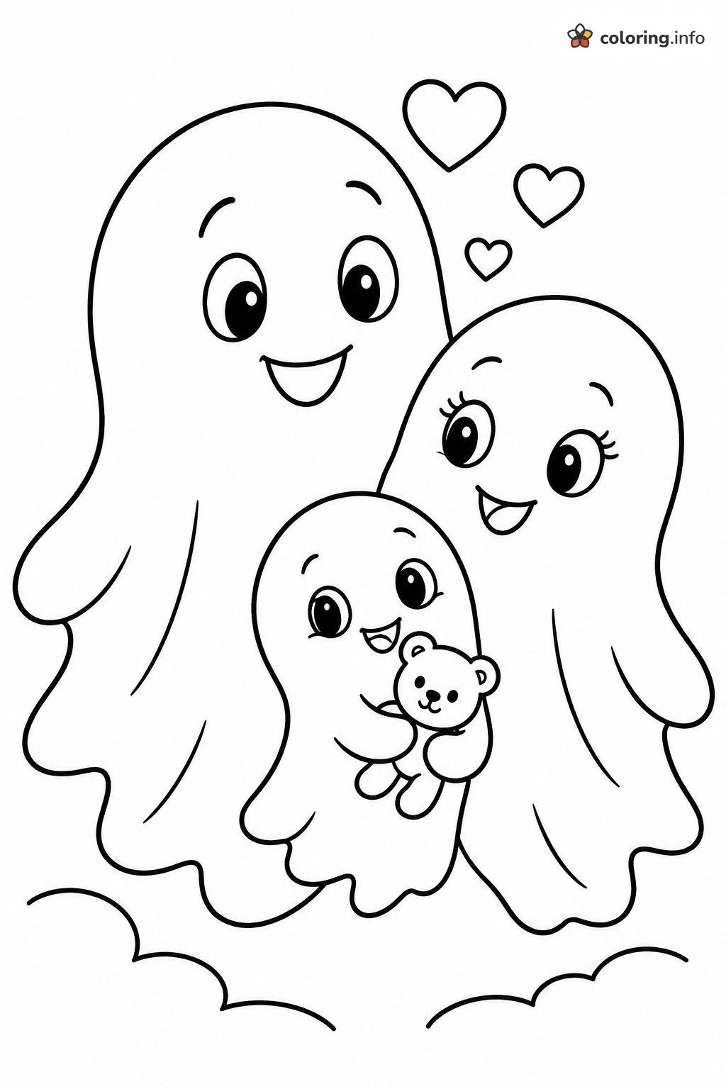 Sweet Ghost Family with Teddy Bear and Hearts coloring sheet Sweet Ghost Family with Teddy Bear and Hearts coloring sheet