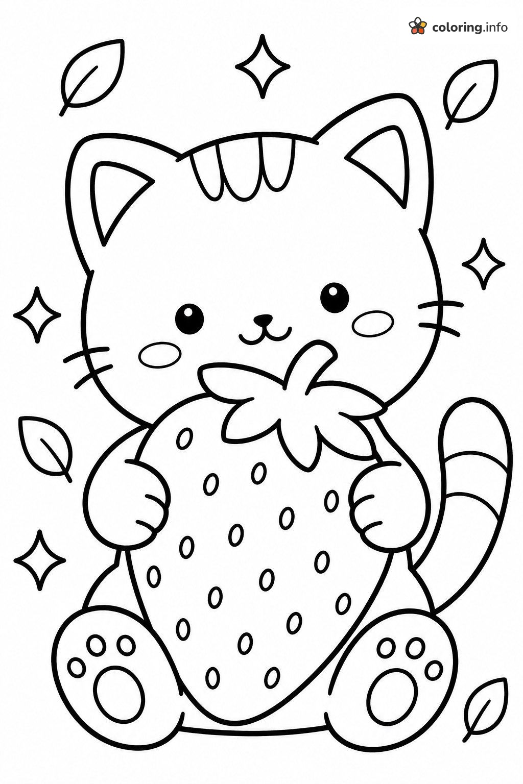 Kitten Hugging a Giant Strawberry, Draw So Cute style coloring sheet Kitten Hugging a Giant Strawberry, Draw So Cute style coloring sheet