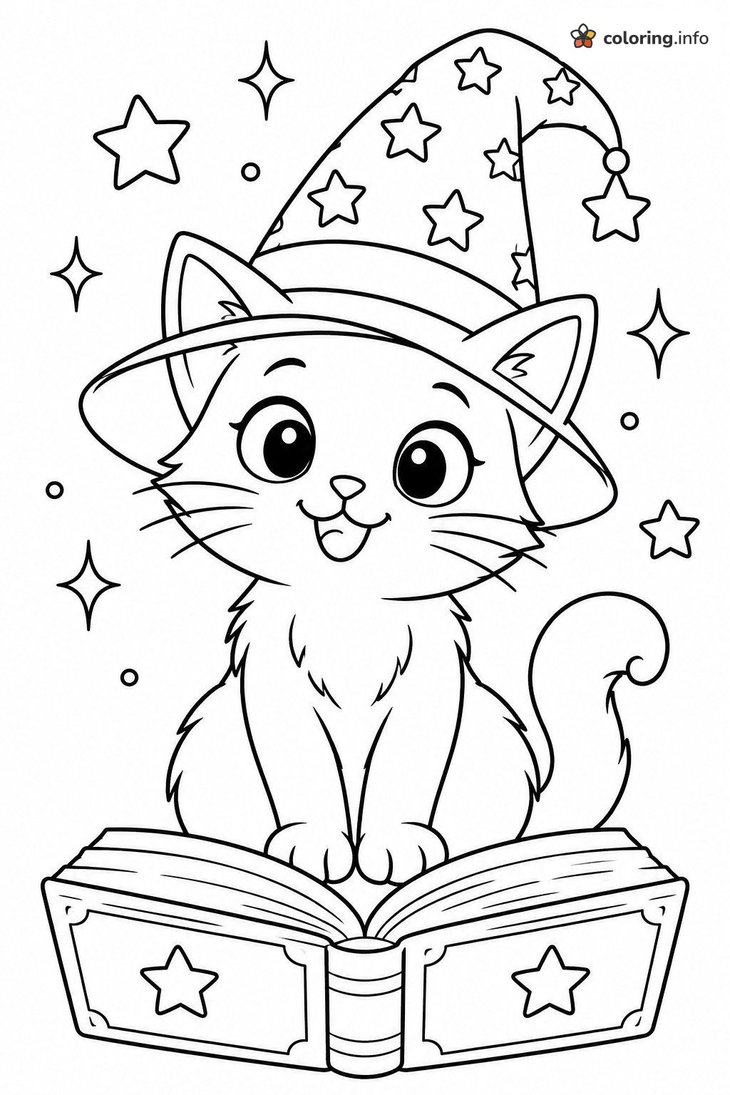 Wizard Hat Cat on an Open Spellbook coloring page Wizard Hat Cat on an Open Spellbook coloring page