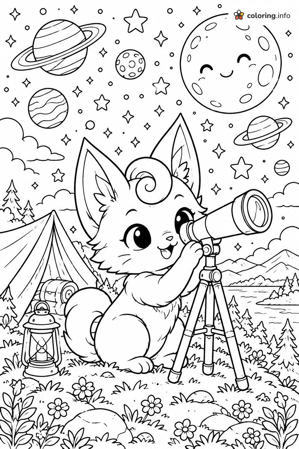 Stargazing Kitten at the Campsite, a Unikitty Night Sky Page coloring page Stargazing Kitten at the Campsite, a Unikitty Night Sky Page coloring page