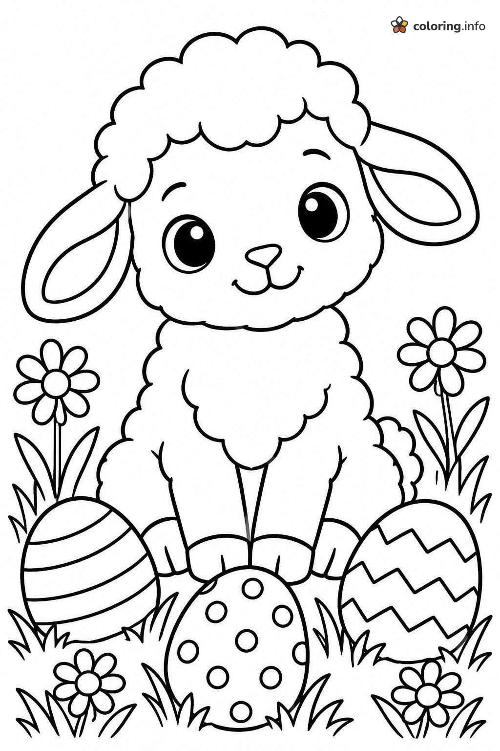 Fluffy Lamb Sitting With Three Easter Eggs and Daisies coloring page Fluffy Lamb Sitting With Three Easter Eggs and Daisies coloring page