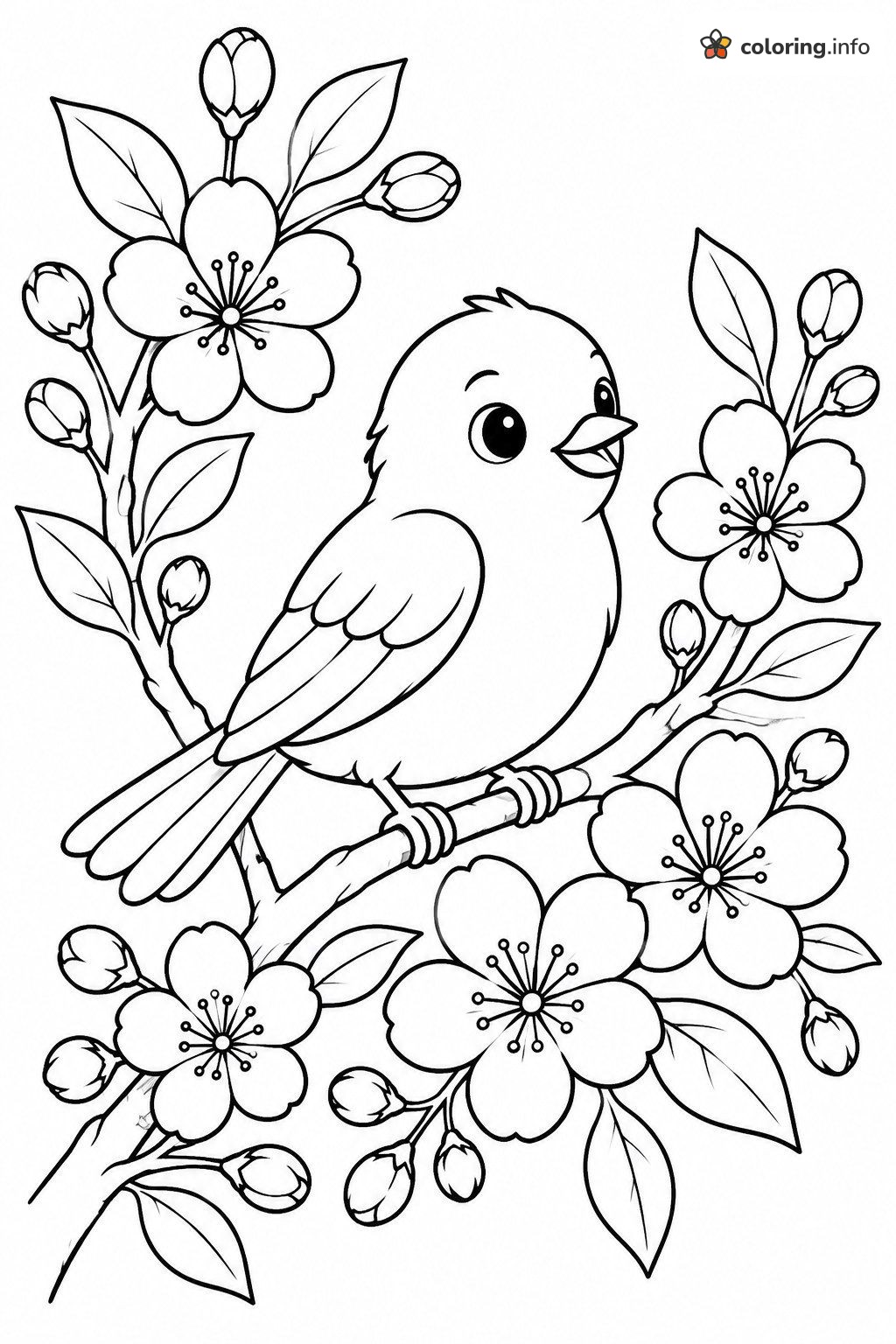Singing Bird in the Cherry Blossom Flowers coloring page Singing Bird in the Cherry Blossom Flowers coloring page