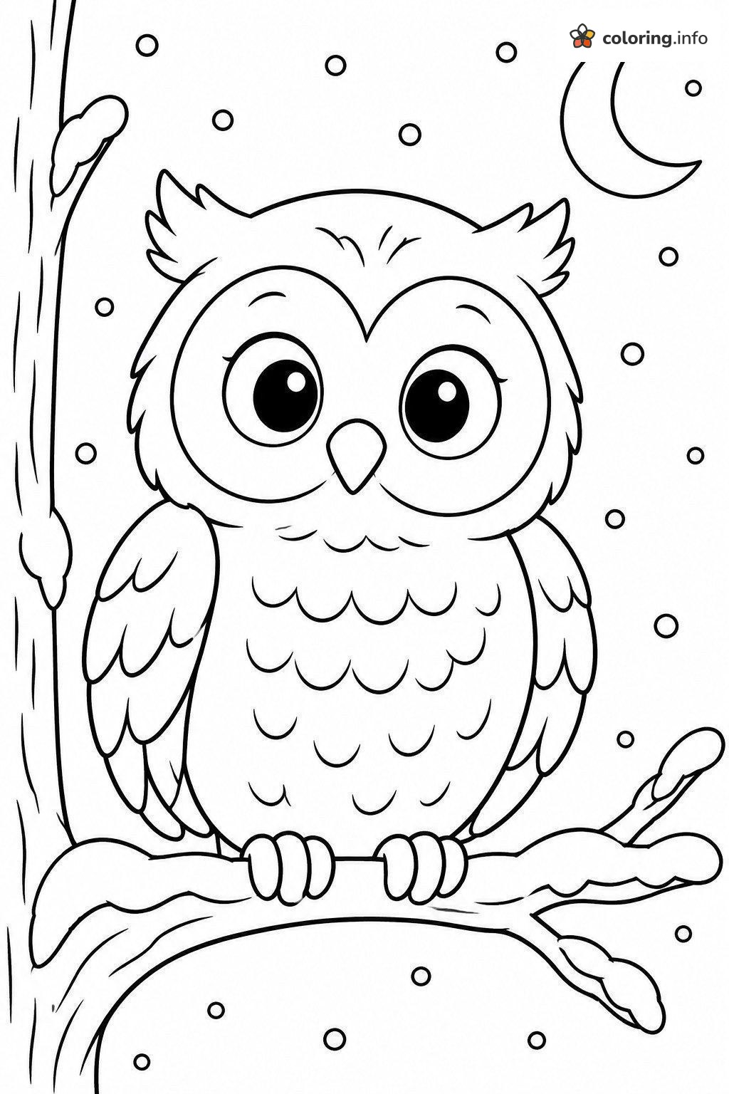 Cute Owl on a Snowy Branch Under a Winter Crescent Moon coloring sheet Cute Owl on a Snowy Branch Under a Winter Crescent Moon coloring sheet
