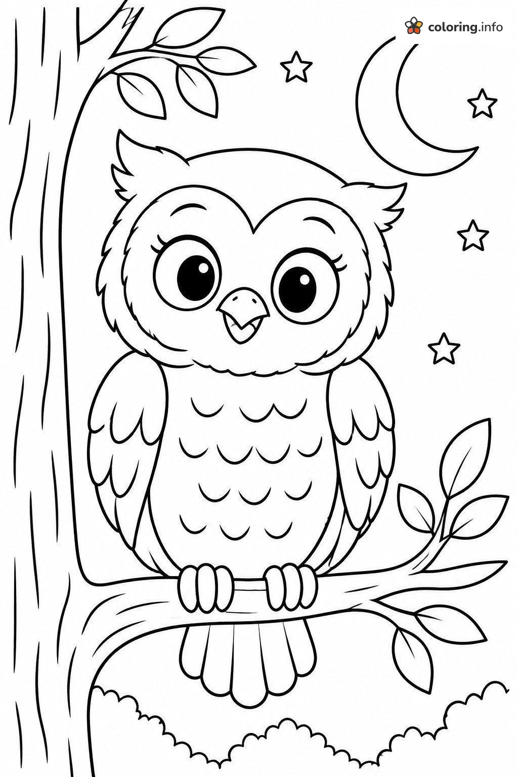 Cute Baby Owl on a Tree Branch Under the Moon coloring page Cute Baby Owl on a Tree Branch Under the Moon coloring page