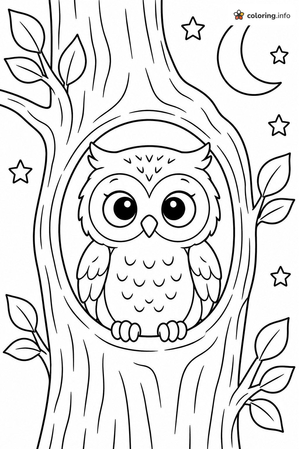 Baby Owl in a Tree Hollow at Night coloring sheet Baby Owl in a Tree Hollow at Night coloring sheet