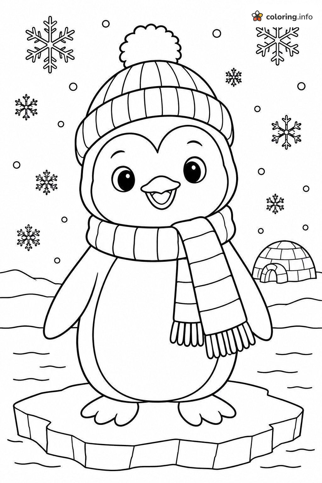 Penguin in a Pom-Pom Hat Under Falling Snowflakes coloring page Penguin in a Pom-Pom Hat Under Falling Snowflakes coloring page