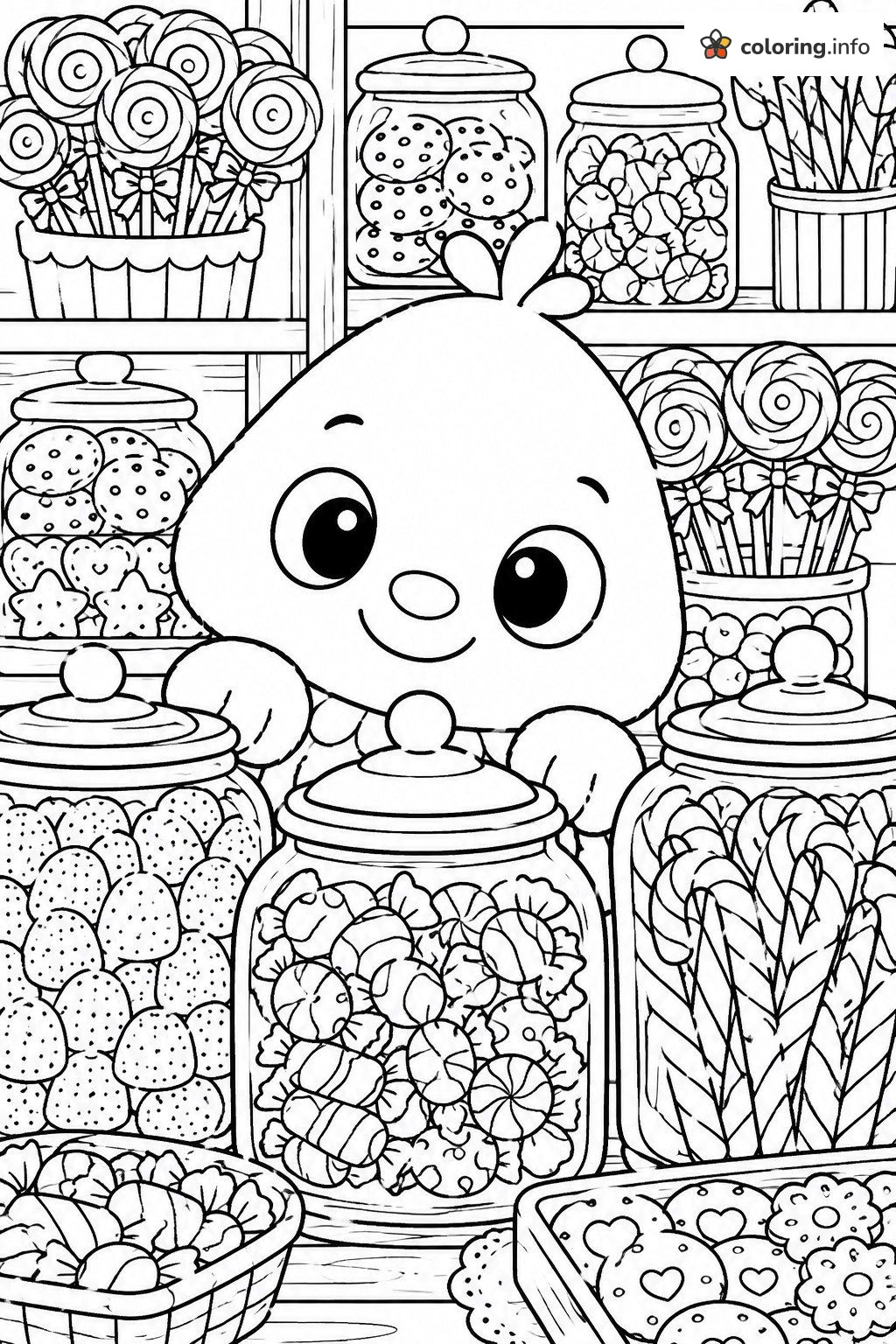 Peeking Over the Candy Jars: A Pikmi Pops Sweet Shop coloring page Peeking Over the Candy Jars: A Pikmi Pops Sweet Shop coloring page