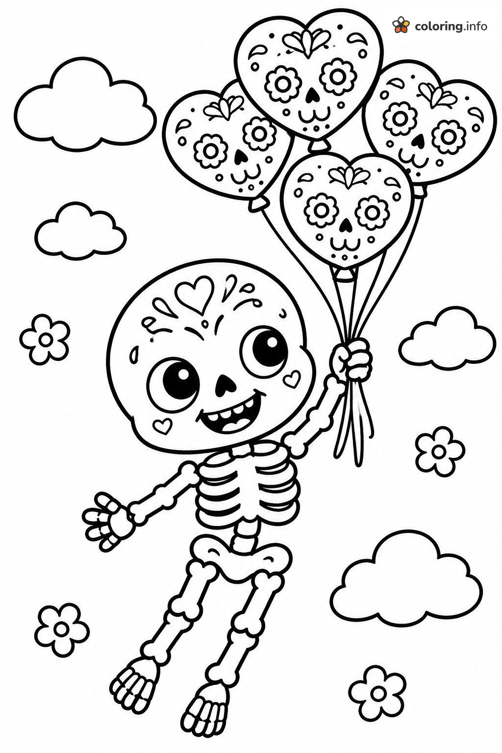 Floating Skeleton Holding Sugar Skull Heart Balloons coloring page Floating Skeleton Holding Sugar Skull Heart Balloons coloring page