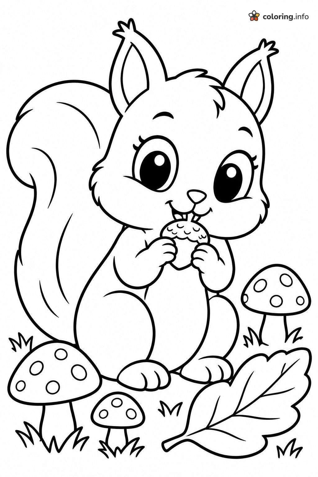 Baby Squirrel with an Acorn and Spotted Mushrooms coloring sheet Baby Squirrel with an Acorn and Spotted Mushrooms coloring sheet