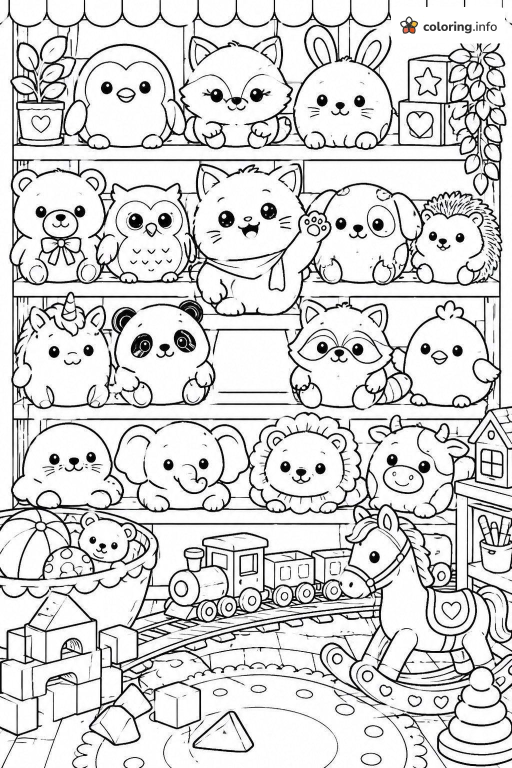 Plush Toy Shelf Full of Disney Tsum Tsum Style Animals coloring sheet Plush Toy Shelf Full of Disney Tsum Tsum Style Animals coloring sheet